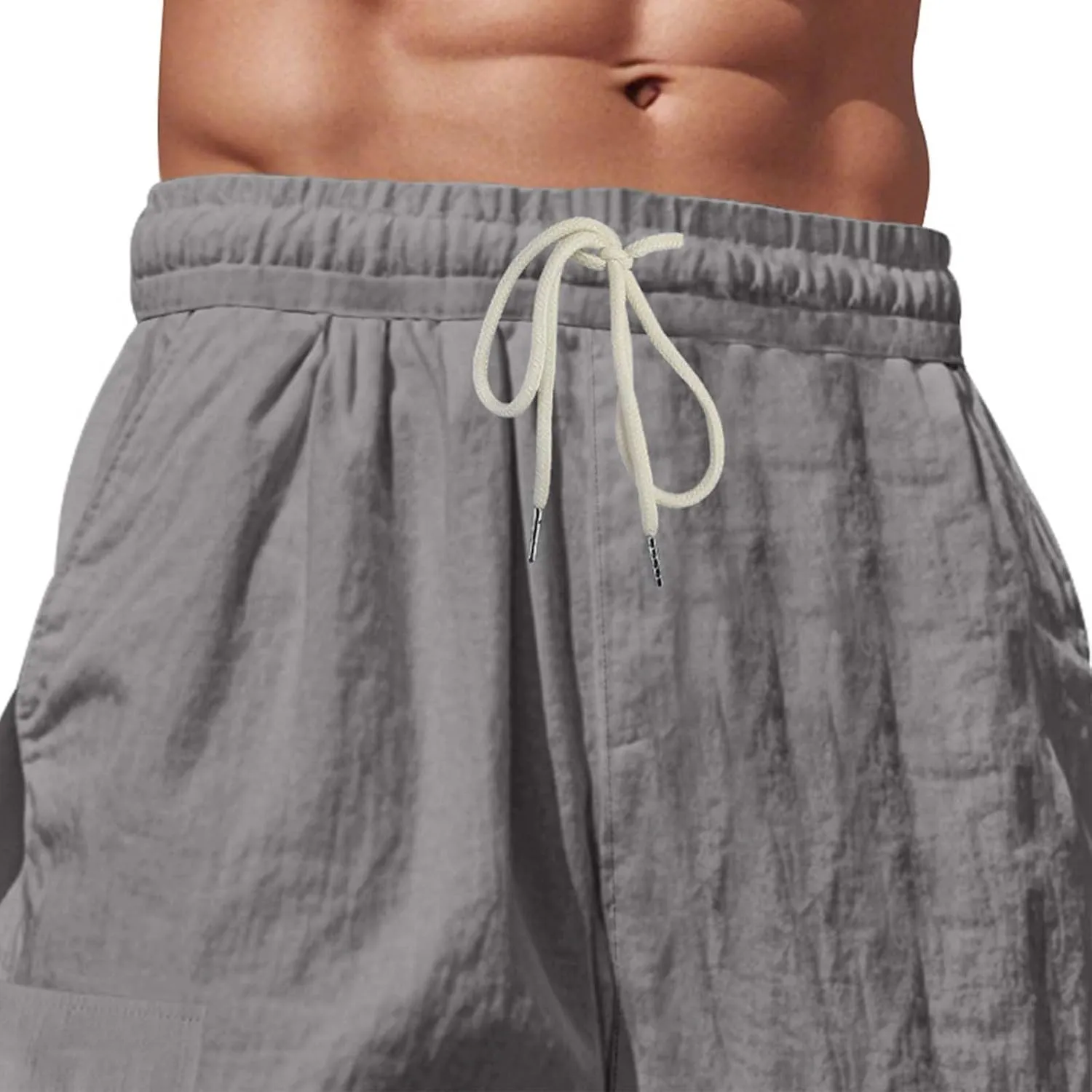 Plus Size Linen Pants for Men Summer Elastic Waist Drawstring Trouser with Pockets Casual Light Loose Fit Beach Pant