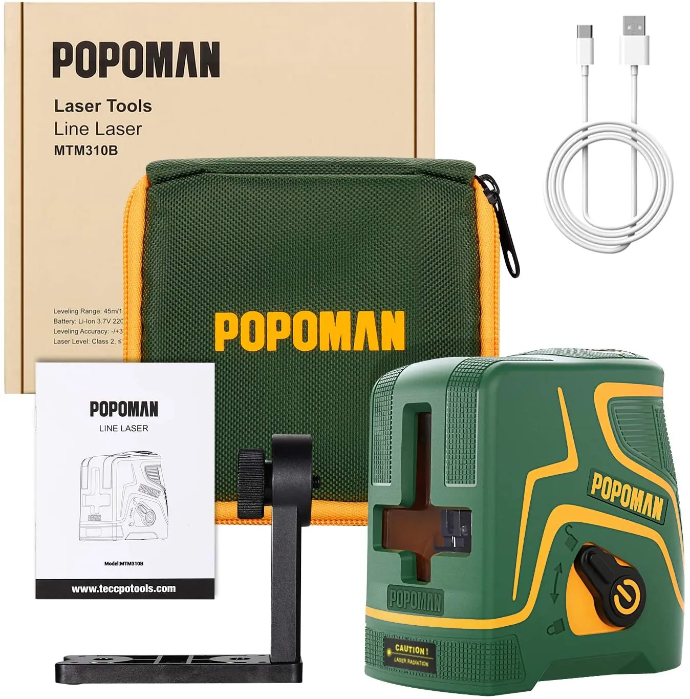 POPOMAN Laser Level Rechargeable, Green line laser, Three Modes with 2 Laser Heads, Horizontal/Vertical/Cross Line, 147ft, Self Leveling and Pulse Mode, Magnetic Support, 360° Rotating - MTM310B