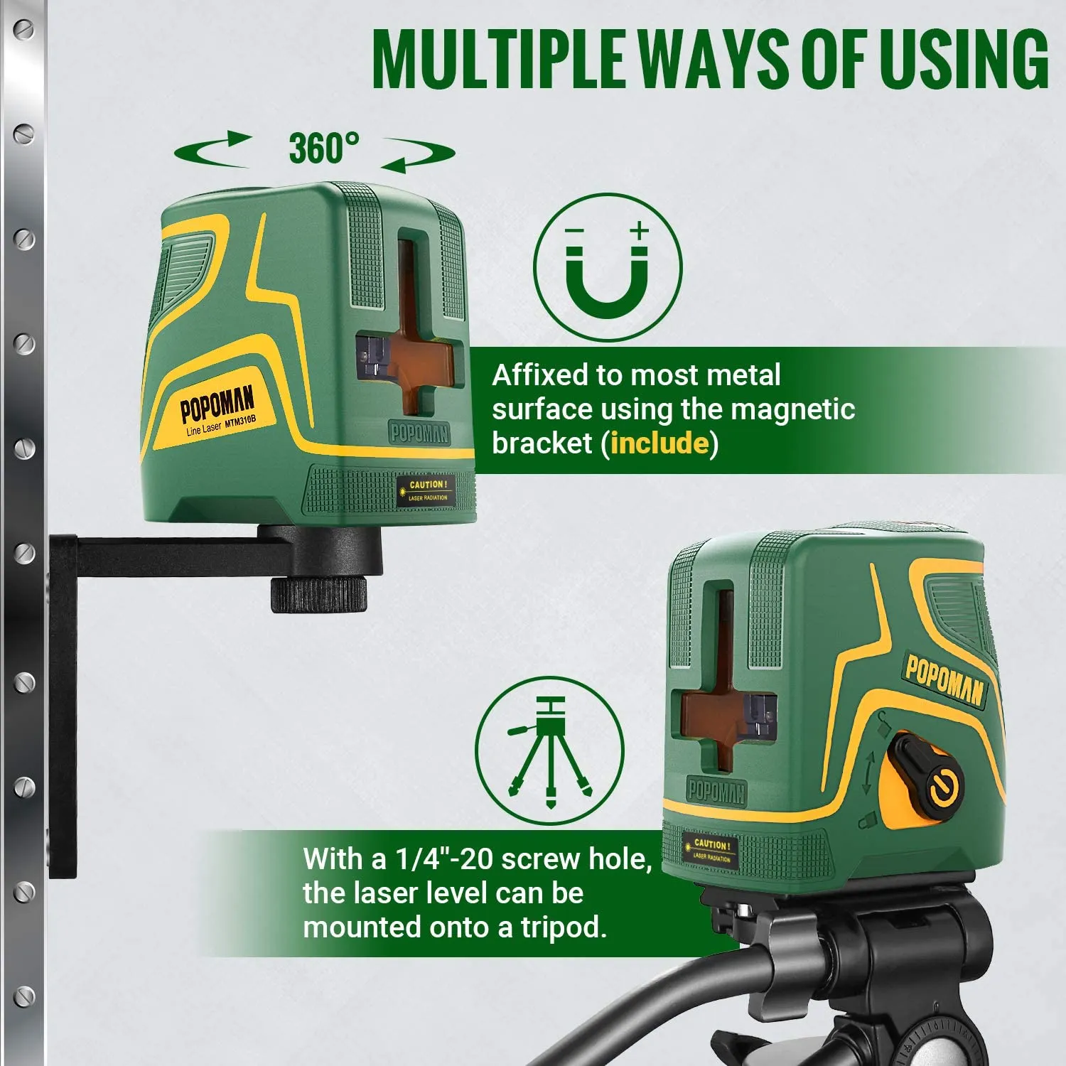 POPOMAN Laser Level Rechargeable, Green line laser, Three Modes with 2 Laser Heads, Horizontal/Vertical/Cross Line, 147ft, Self Leveling and Pulse Mode, Magnetic Support, 360° Rotating - MTM310B