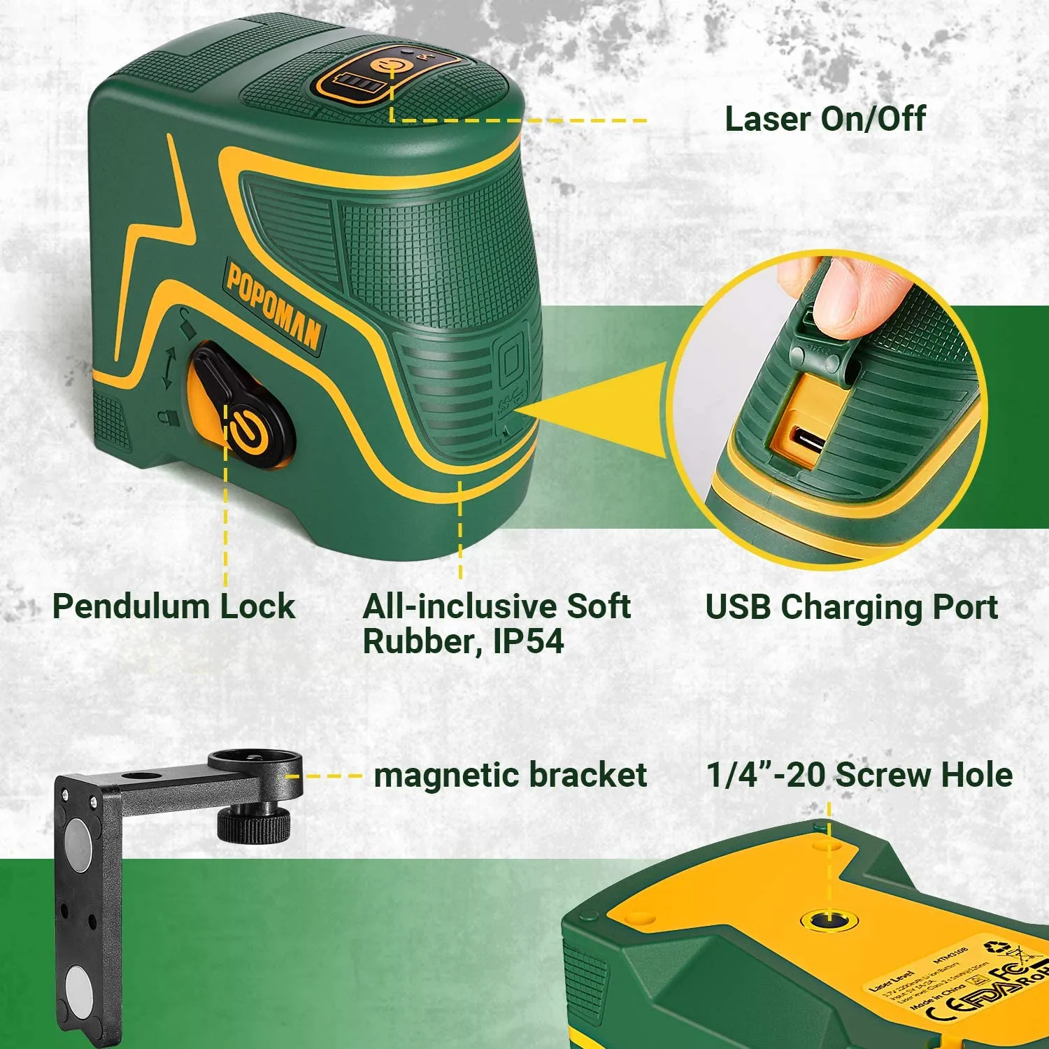 POPOMAN Laser Level Rechargeable, Green line laser, Three Modes with 2 Laser Heads, Horizontal/Vertical/Cross Line, 147ft, Self Leveling and Pulse Mode, Magnetic Support, 360° Rotating - MTM310B
