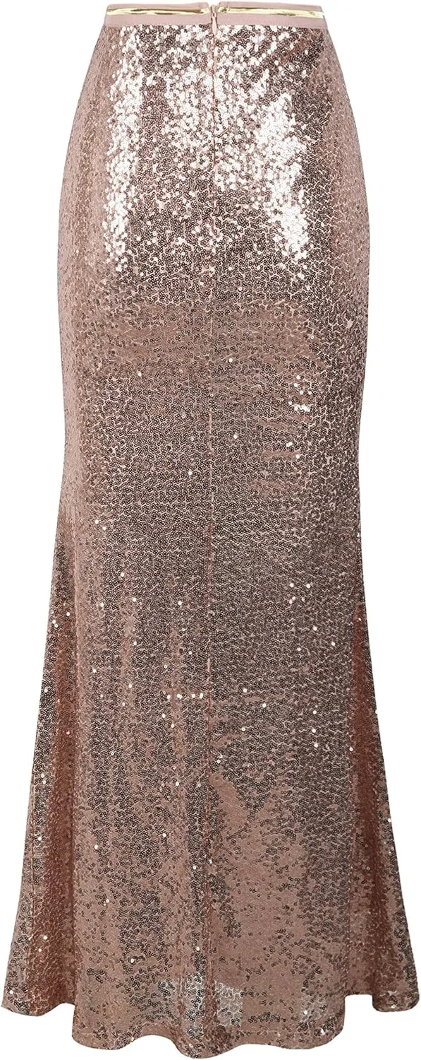PrettyGuide Women's Sequin Maxi Skirt Glitter Bodycon Long Mermaid Skirt Formal Skirts