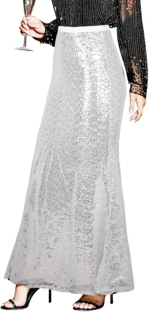 PrettyGuide Women's Sequin Maxi Skirt Glitter Bodycon Long Mermaid Skirt Formal Skirts