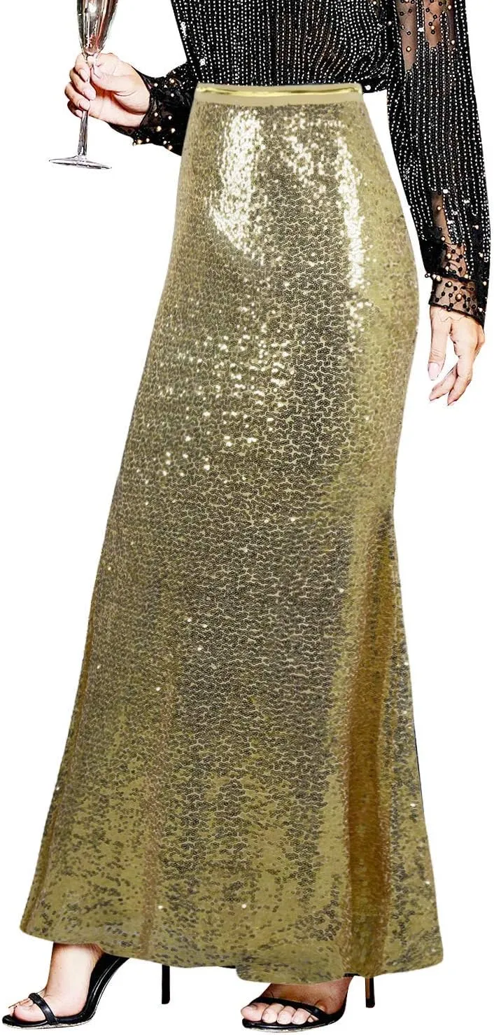 PrettyGuide Women's Sequin Maxi Skirt Glitter Bodycon Long Mermaid Skirt Formal Skirts