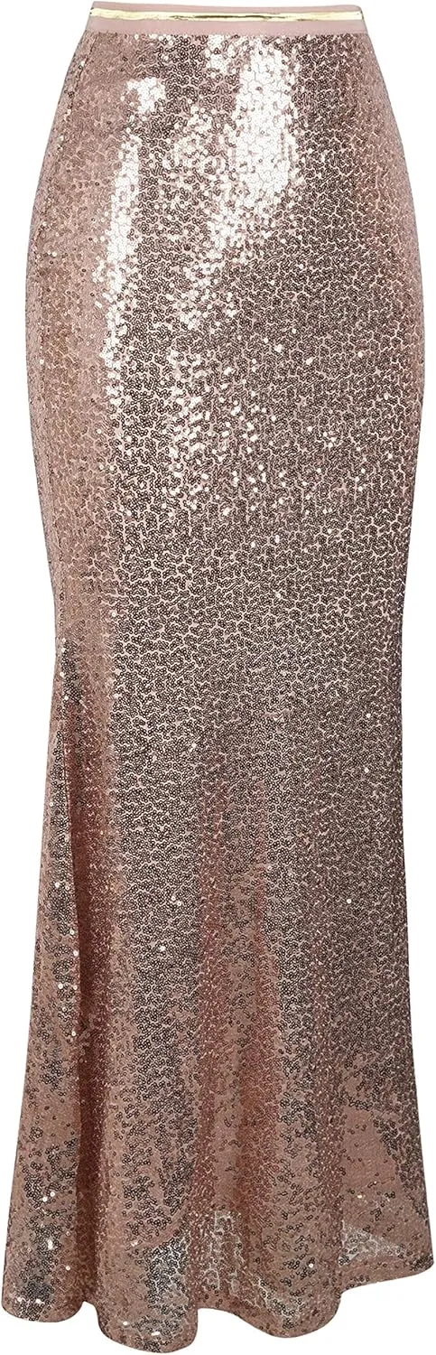 PrettyGuide Women's Sequin Maxi Skirt Glitter Bodycon Long Mermaid Skirt Formal Skirts