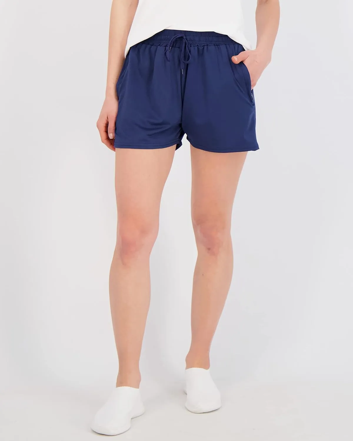 Real Essentials 4 Pack: Womens Athletic Dry-Fit Lounge Shorts with Zipper Pockets (Available in Plus Size)