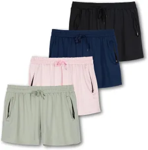 Real Essentials 4 Pack: Womens Athletic Dry-Fit Lounge Shorts with Zipper Pockets (Available in Plus Size)
