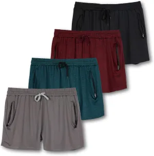 Real Essentials 4 Pack: Womens Athletic Dry-Fit Lounge Shorts with Zipper Pockets (Available in Plus Size)