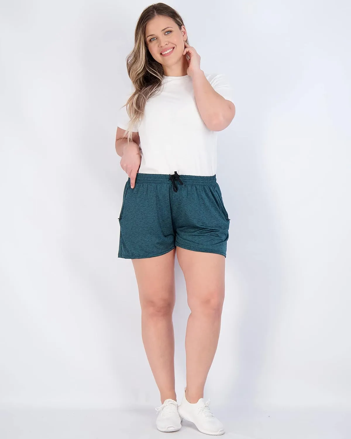 Real Essentials 4 Pack: Womens Athletic Dry-Fit Lounge Shorts with Zipper Pockets (Available in Plus Size)