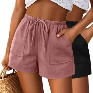 Riyiper 2 Pack Women's Linen Drawstring Elastic Waist Beach Casual Summer Wide Leg Shorts with Pockets 2025