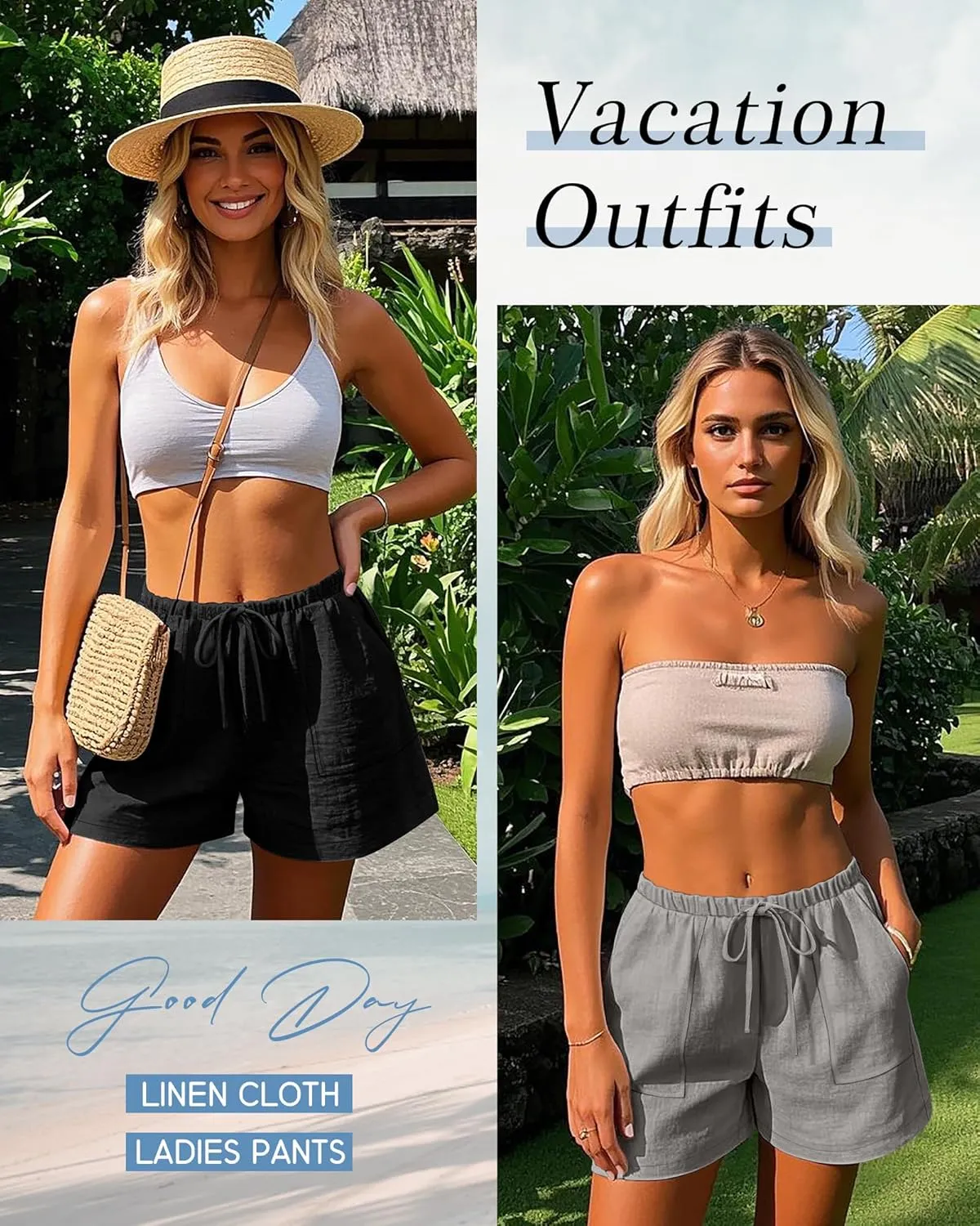 Riyiper 2 Pack Women's Linen Drawstring Elastic Waist Beach Casual Summer Wide Leg Shorts with Pockets 2025