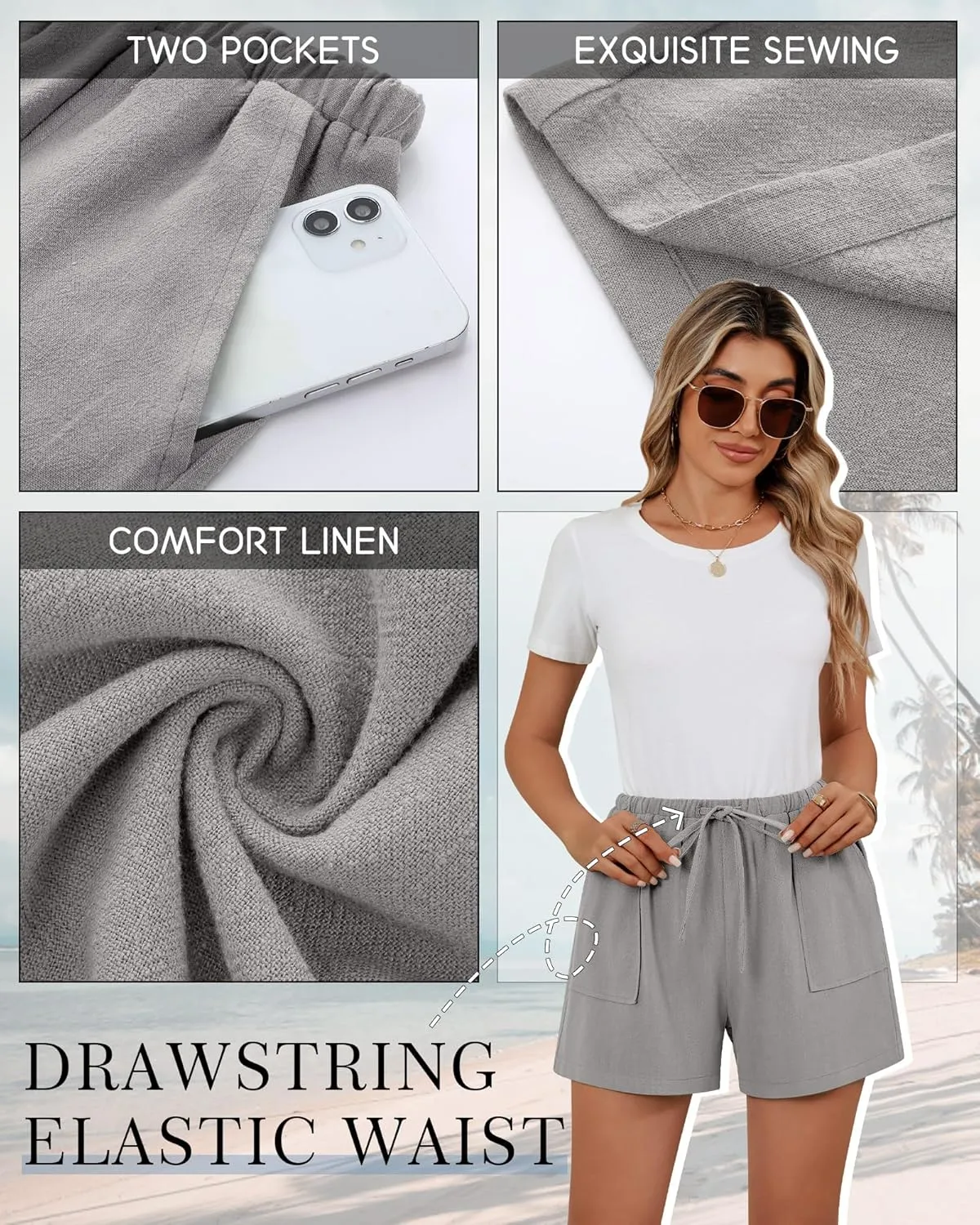 Riyiper 2 Pack Women's Linen Drawstring Elastic Waist Beach Casual Summer Wide Leg Shorts with Pockets 2025
