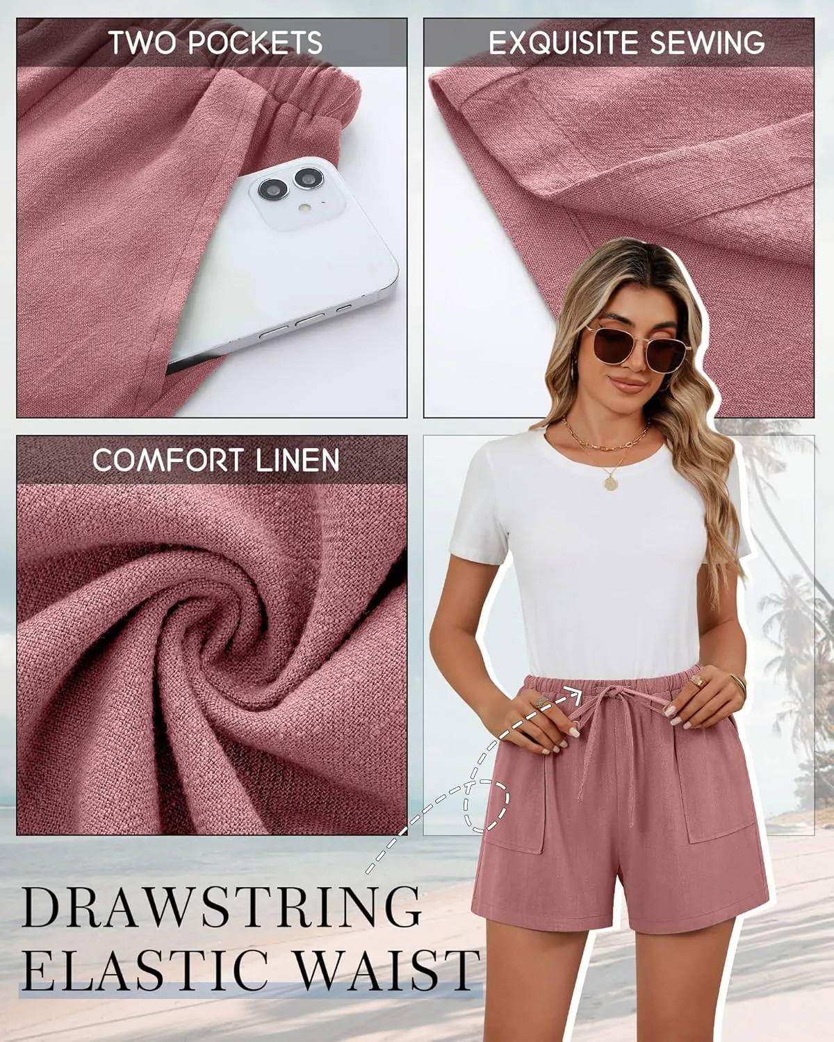 Riyiper 2 Pack Women's Linen Drawstring Elastic Waist Beach Casual Summer Wide Leg Shorts with Pockets 2025