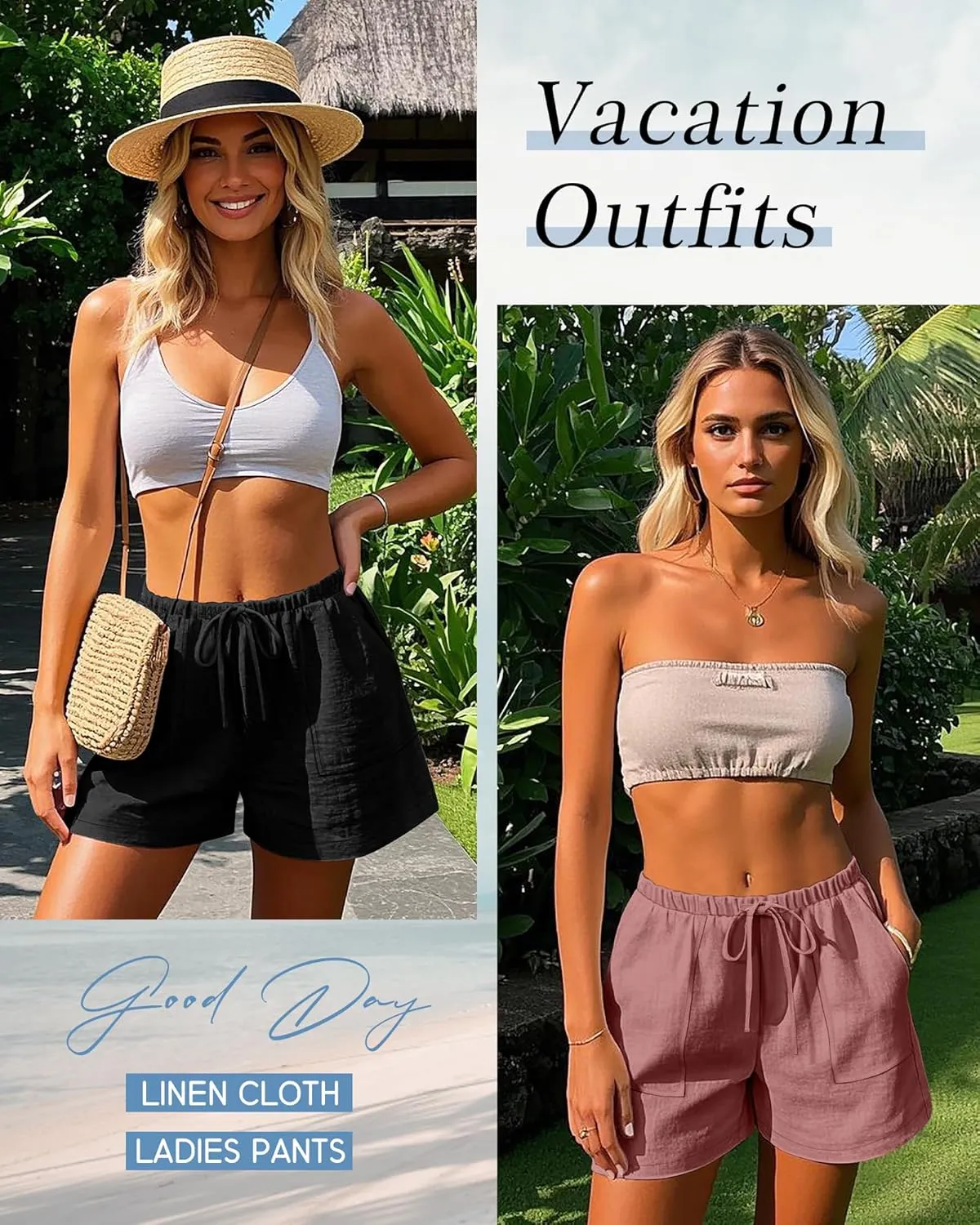Riyiper 2 Pack Women's Linen Drawstring Elastic Waist Beach Casual Summer Wide Leg Shorts with Pockets 2025