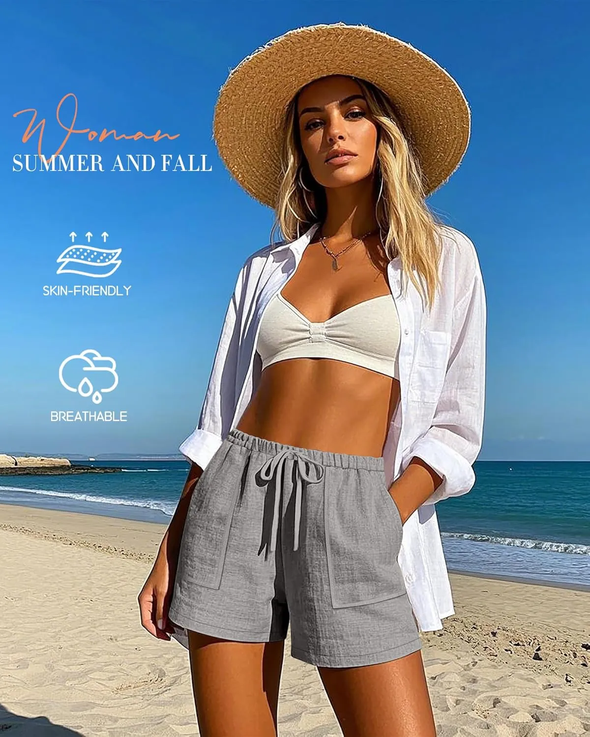 Riyiper 2 Pack Women's Linen Drawstring Elastic Waist Beach Casual Summer Wide Leg Shorts with Pockets 2025