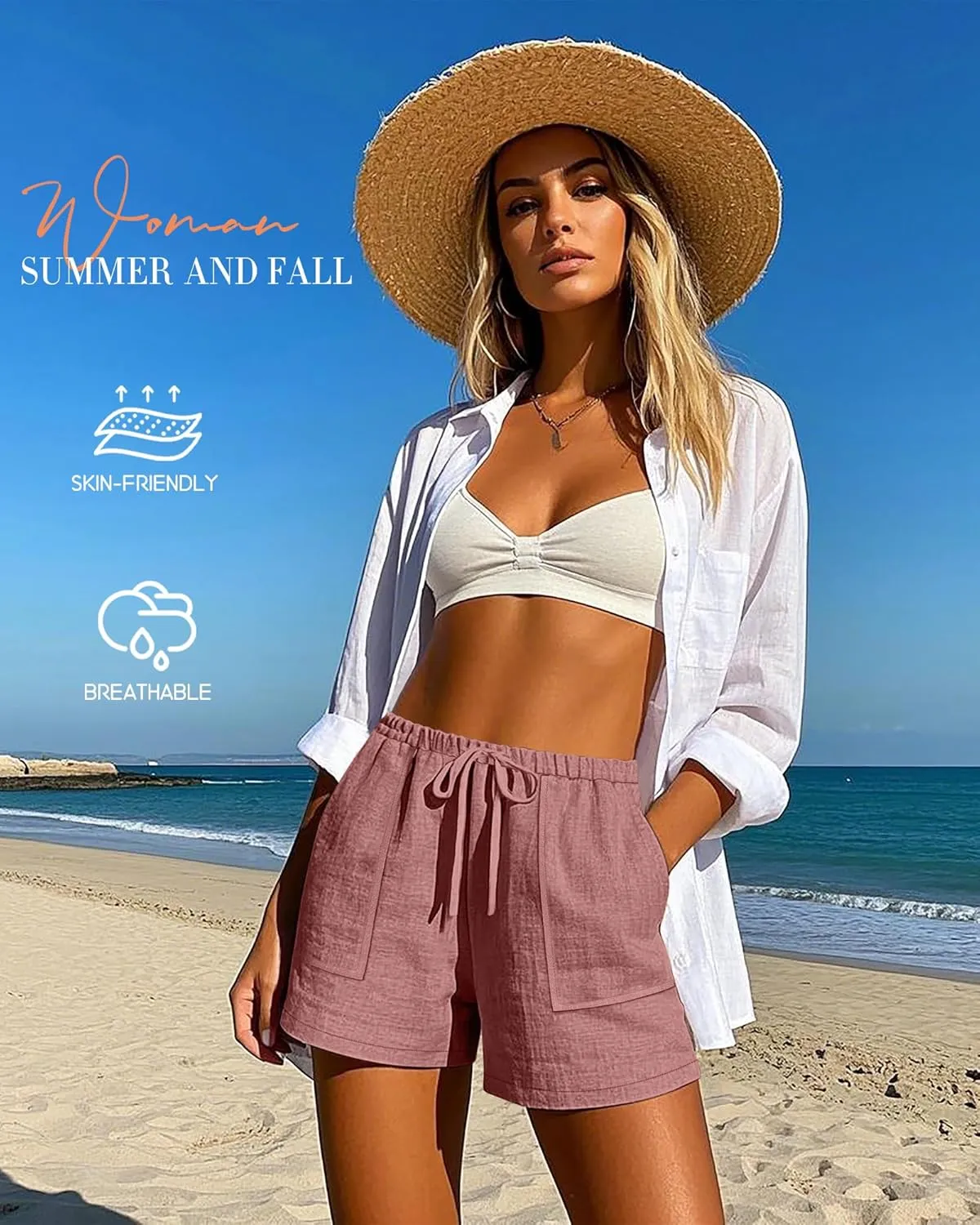 Riyiper 2 Pack Women's Linen Drawstring Elastic Waist Beach Casual Summer Wide Leg Shorts with Pockets 2025