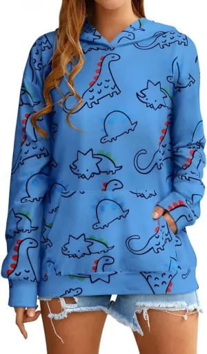 RMCMS Women Dinosaur Funny Hoodie Sweatshirt Pocket Crewneck Casual Loose Cute Tops Long Sleeve Hoodied Pullover Shirt