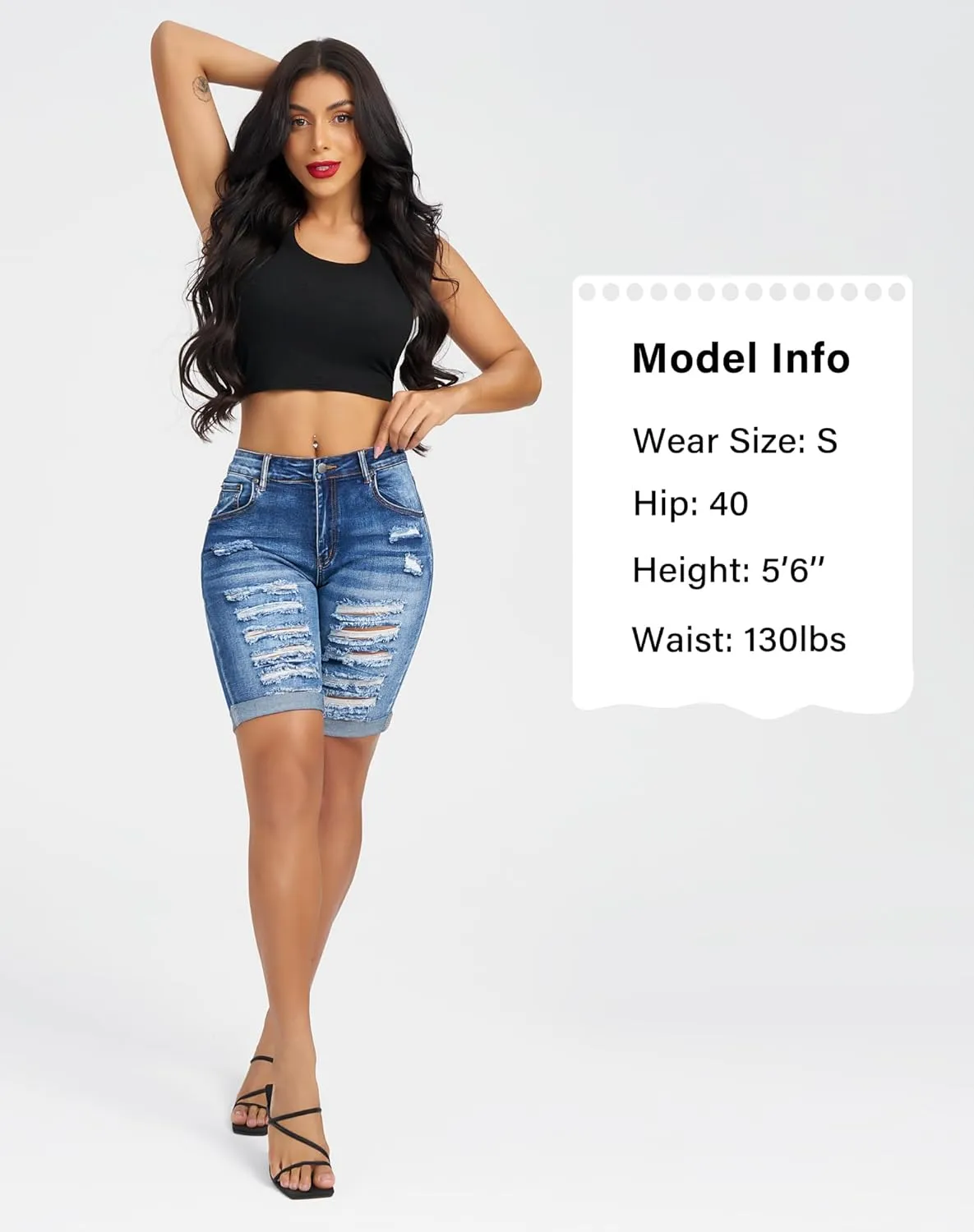 roswear Women's Distressed Knee Length Ripped Stretchy Jean Shorts