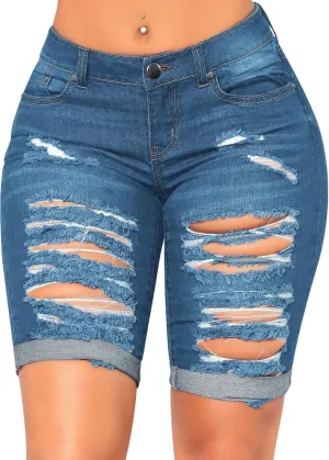 roswear Women's Distressed Knee Length Ripped Stretchy Jean Shorts