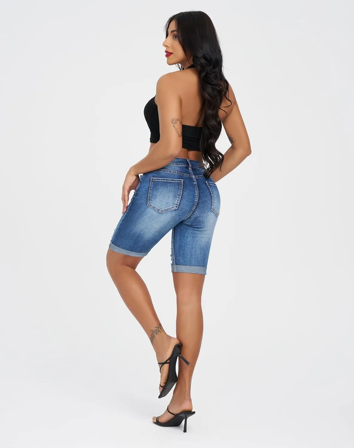 roswear Women's Distressed Knee Length Ripped Stretchy Jean Shorts