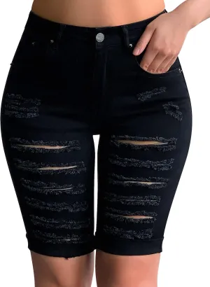 roswear Women's Distressed Knee Length Ripped Stretchy Jean Shorts
