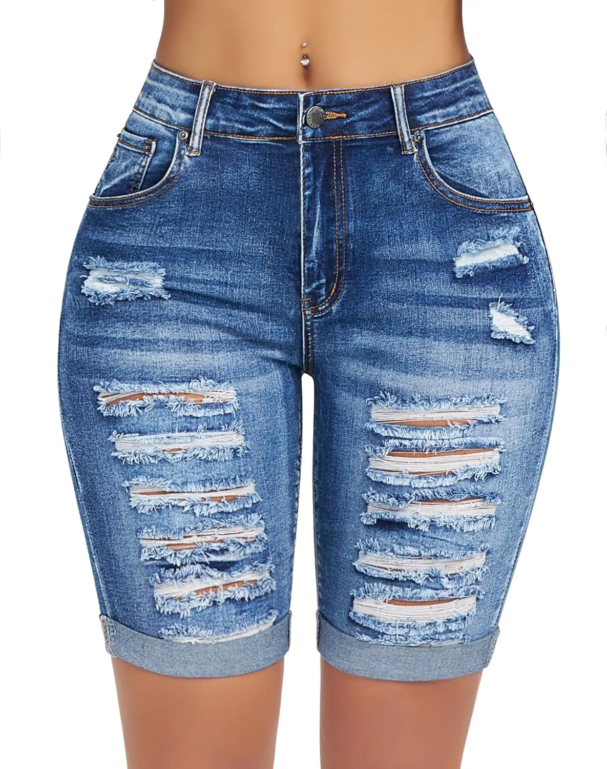 roswear Women's Distressed Knee Length Ripped Stretchy Jean Shorts