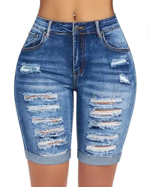 roswear Women's Distressed Knee Length Ripped Stretchy Jean Shorts