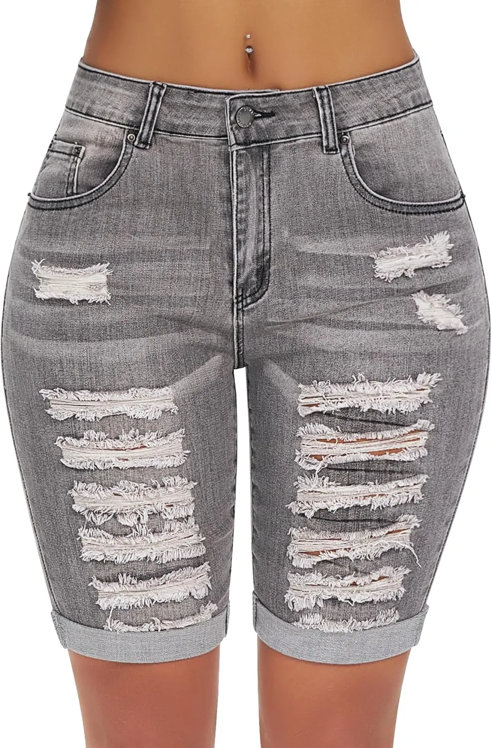 roswear Women's Distressed Knee Length Ripped Stretchy Jean Shorts