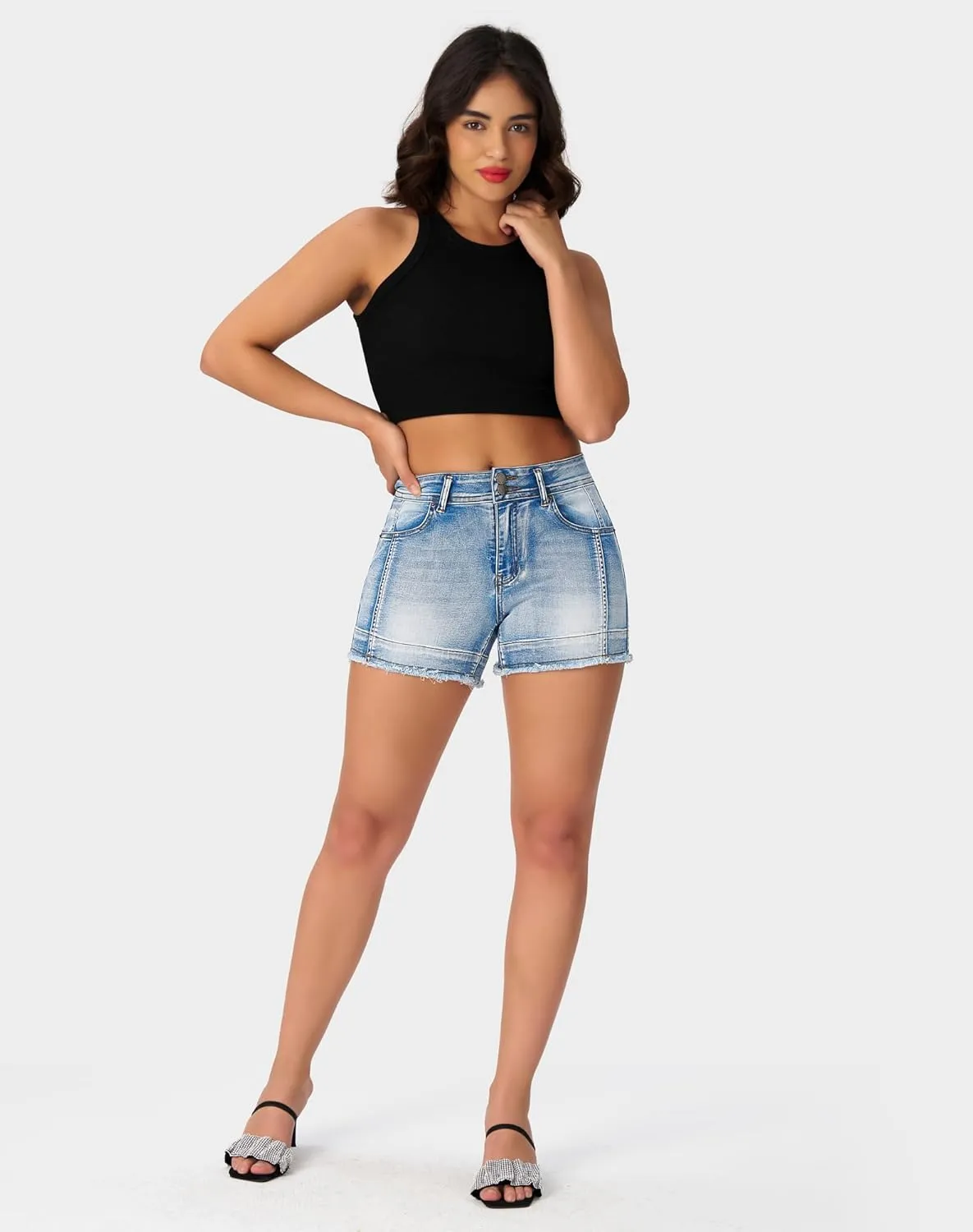 roswear Womens High Waisted Stretchy Frayed Hem Summer Denim Jean Shorts