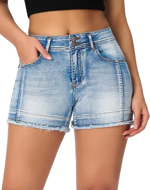 roswear Womens High Waisted Stretchy Frayed Hem Summer Denim Jean Shorts