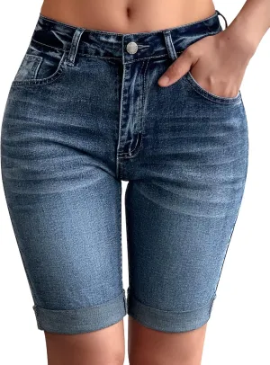 roswear Womens Mid Rise Roll Cuff Bermuda Stretch Denim Jean Shorts