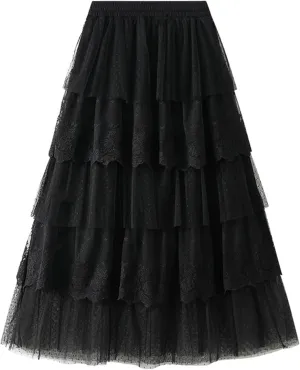 Rvidbe Lace Maxi Skirts for Women Summer Casual Elastic Waist A-Line Pleated Layered Long Skirt Flowy Tiered Tulle Skirts