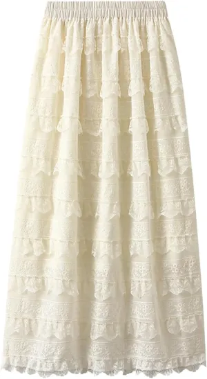 Rvidbe Lace Maxi Skirts for Women Summer Casual Elastic Waist A-Line Pleated Layered Long Skirt Flowy Tiered Tulle Skirts