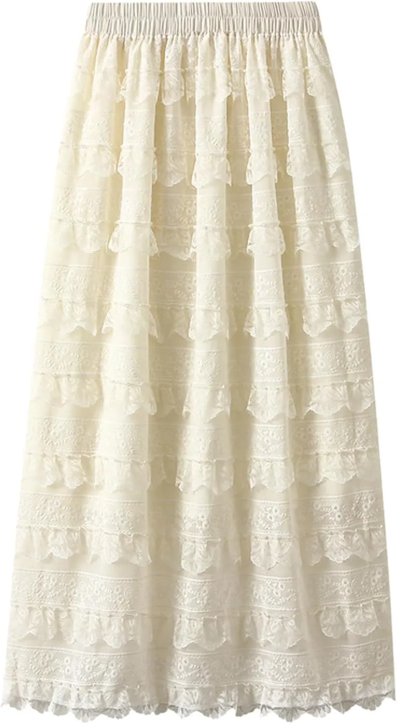 Rvidbe Lace Maxi Skirts for Women Summer Casual Elastic Waist A-Line Pleated Layered Long Skirt Flowy Tiered Tulle Skirts
