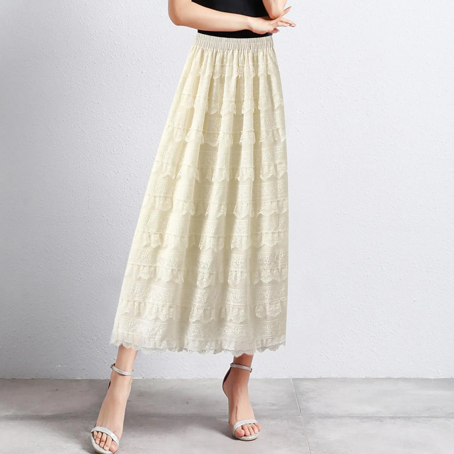 Rvidbe Lace Maxi Skirts for Women Summer Casual Elastic Waist A-Line Pleated Layered Long Skirt Flowy Tiered Tulle Skirts