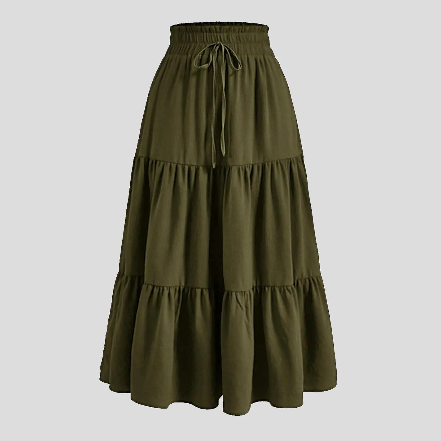 Rvidbe Women's Summer Casual Maxi Skirt Pleated A-Line Flowy Ruffle Tiered Elastic High Waist Vacation Beach Long Skirts