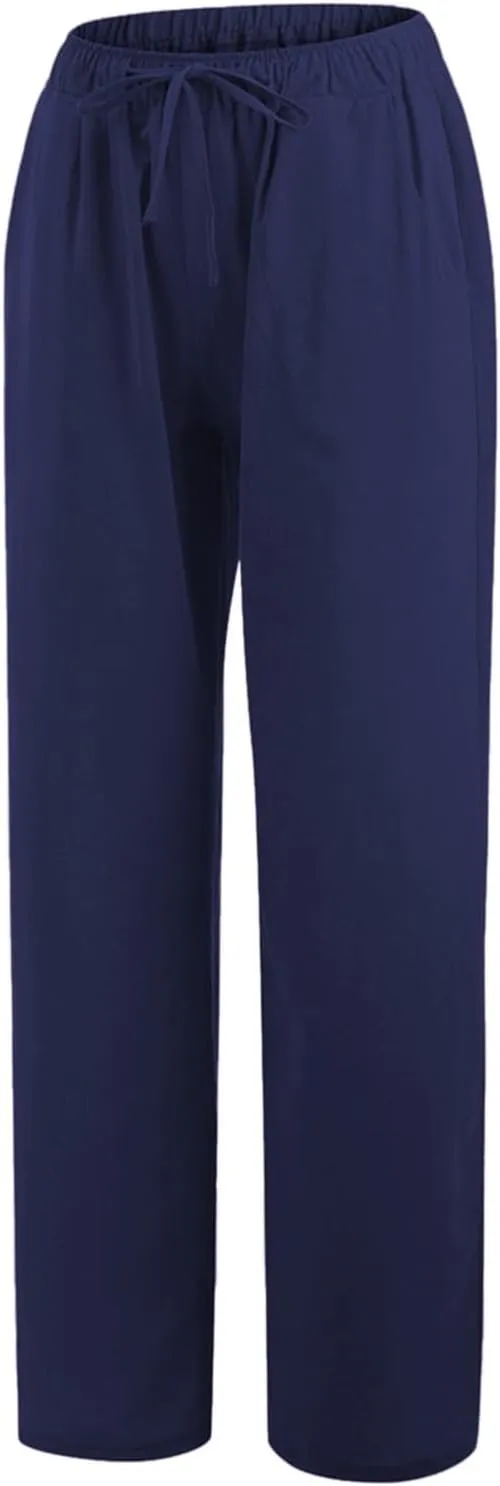 sdbrld Womens Cotton Linen Pants Casual Wide Leg Elastic Waisted Drawsting Trousers Summer Loose Comfy Pants with Pocket