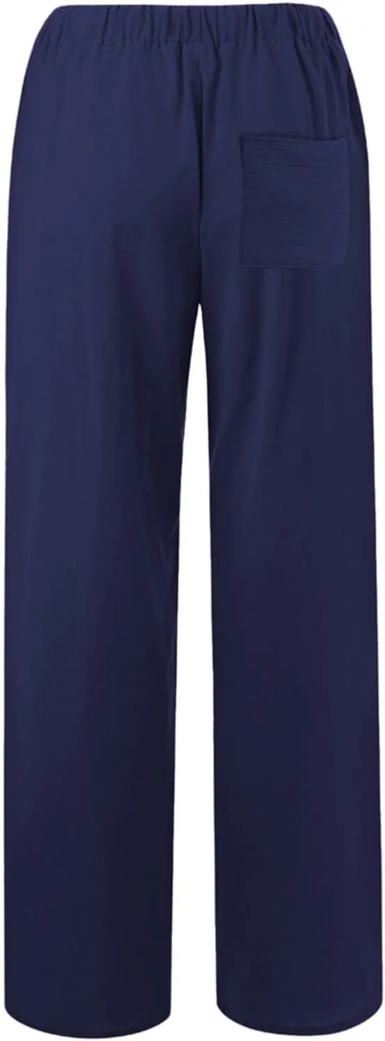 sdbrld Womens Cotton Linen Pants Casual Wide Leg Elastic Waisted Drawsting Trousers Summer Loose Comfy Pants with Pocket