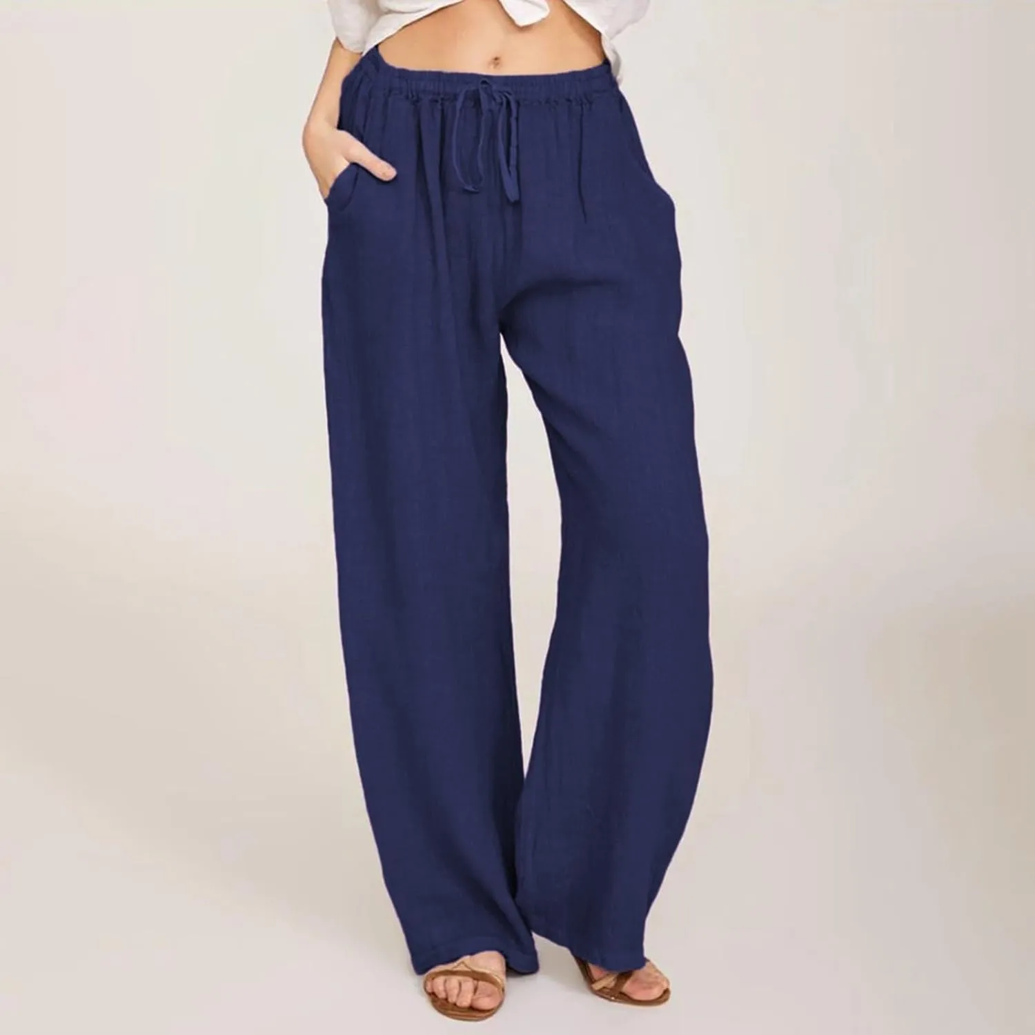 sdbrld Womens Cotton Linen Pants Casual Wide Leg Elastic Waisted Drawsting Trousers Summer Loose Comfy Pants with Pocket
