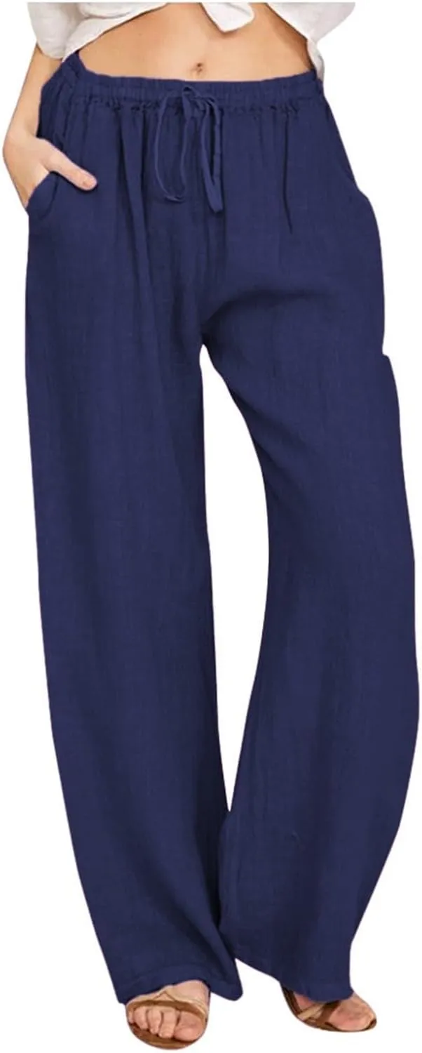 sdbrld Womens Cotton Linen Pants Casual Wide Leg Elastic Waisted Drawsting Trousers Summer Loose Comfy Pants with Pocket