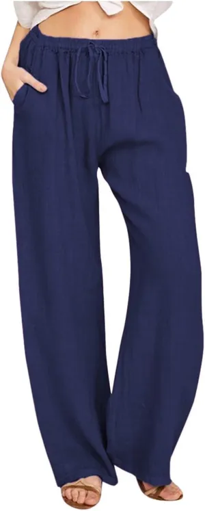 sdbrld Womens Cotton Linen Pants Casual Wide Leg Elastic Waisted Drawsting Trousers Summer Loose Comfy Pants with Pocket