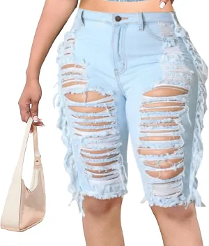 SeNight Women's Denim Shorts High Waisted Frayed Raw Hem Ripped Short Jeans