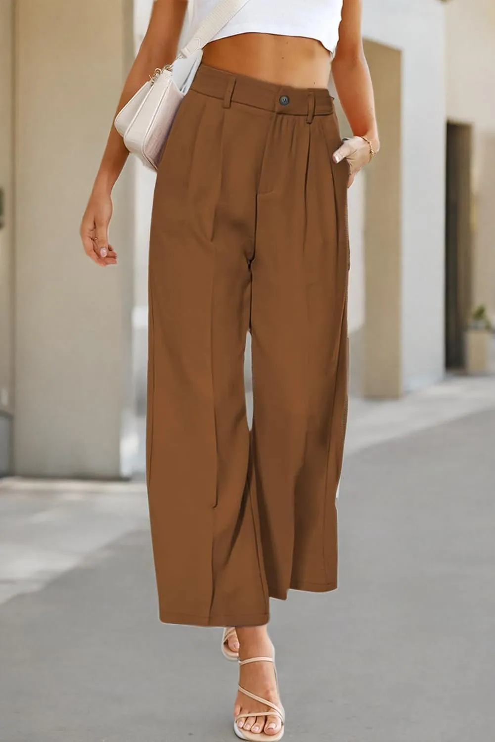 SHIPE Womens Casual Wide Leg Flowy Pants Elastic Waist Work Office Pants Pants with Pockets, S-XL