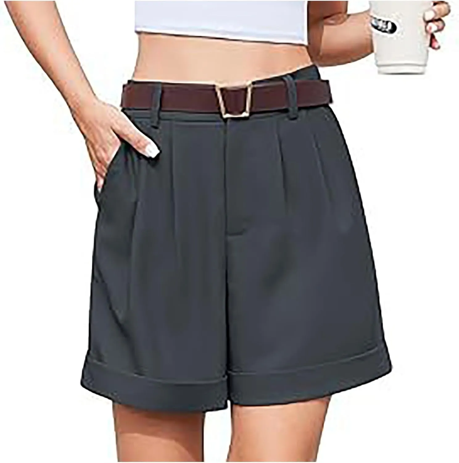 Shorts for Women Bermuda Short Casual Elastic High Waisted Wide Leg Shorts Knee Length Summer Short with Pockets