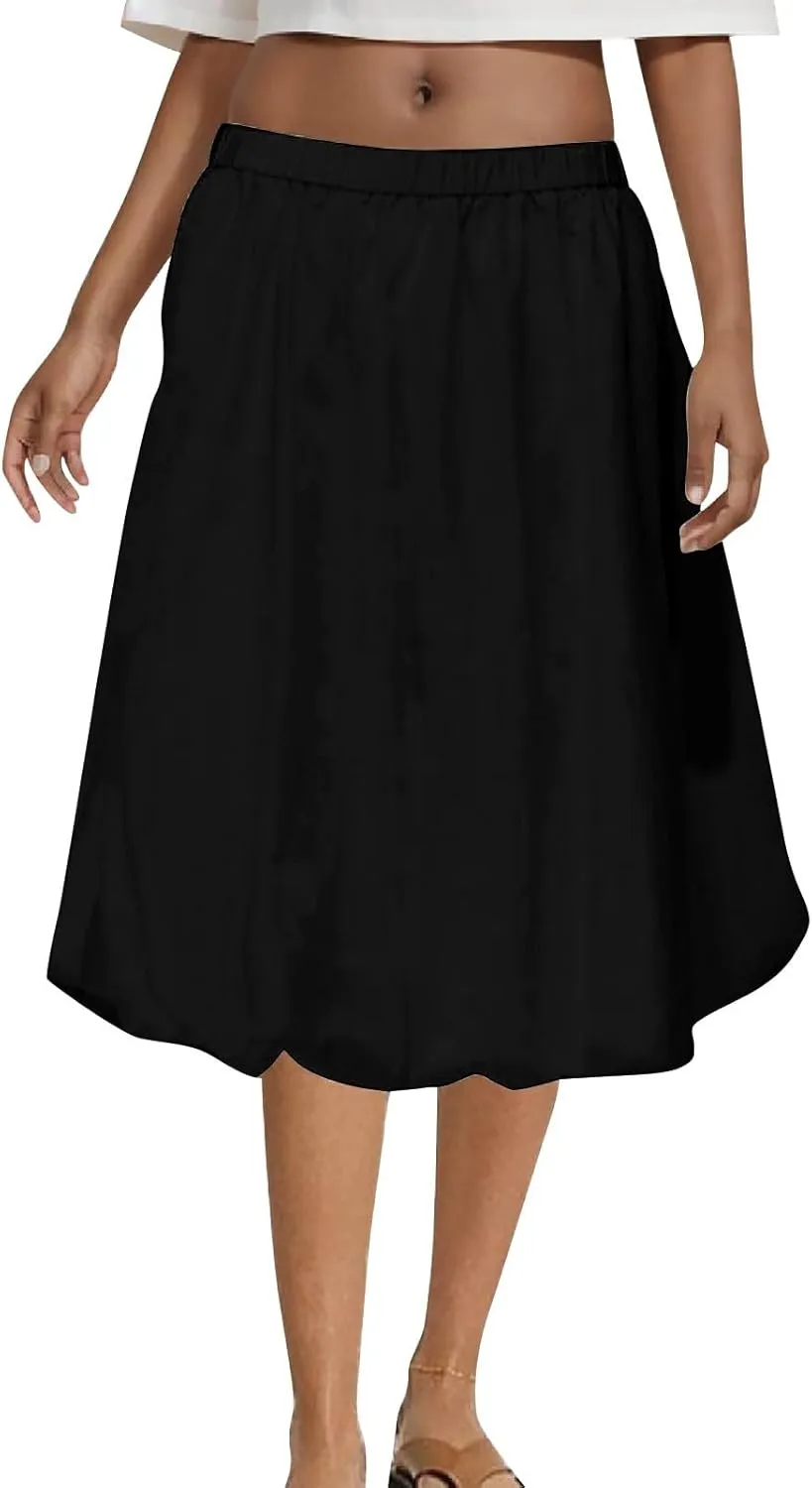 Skirt Women Elastic Waist Pure Casual Skirts Summer Trending Boho Vacation Skirts Puffy Baggy Ruched Skirt