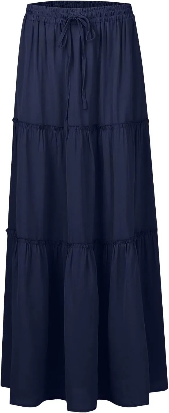 Skirts for Women Summer Flowy Tiered Elastic High Waisted Skirt Vacation Swing Long Solid Maxi Skirts