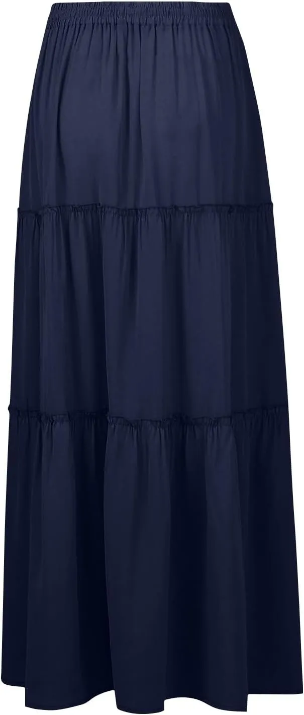Skirts for Women Summer Flowy Tiered Elastic High Waisted Skirt Vacation Swing Long Solid Maxi Skirts