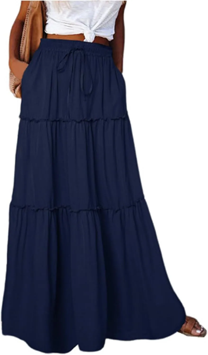 Skirts for Women Summer Flowy Tiered Elastic High Waisted Skirt Vacation Swing Long Solid Maxi Skirts