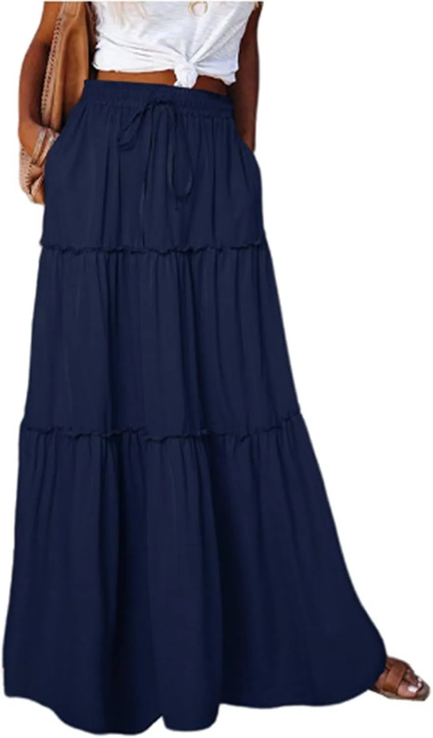 Skirts for Women Summer Flowy Tiered Elastic High Waisted Skirt Vacation Swing Long Solid Maxi Skirts