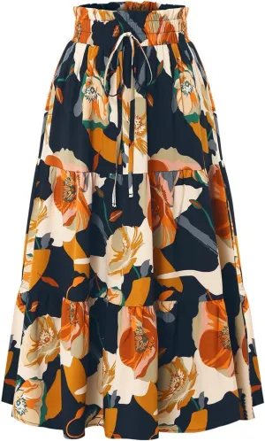Spring Skirts for Women 2025 Floral Beach Midi Skirt Flowy Tiered Elastic High Waisted Skirts Swing A Line Skirt
