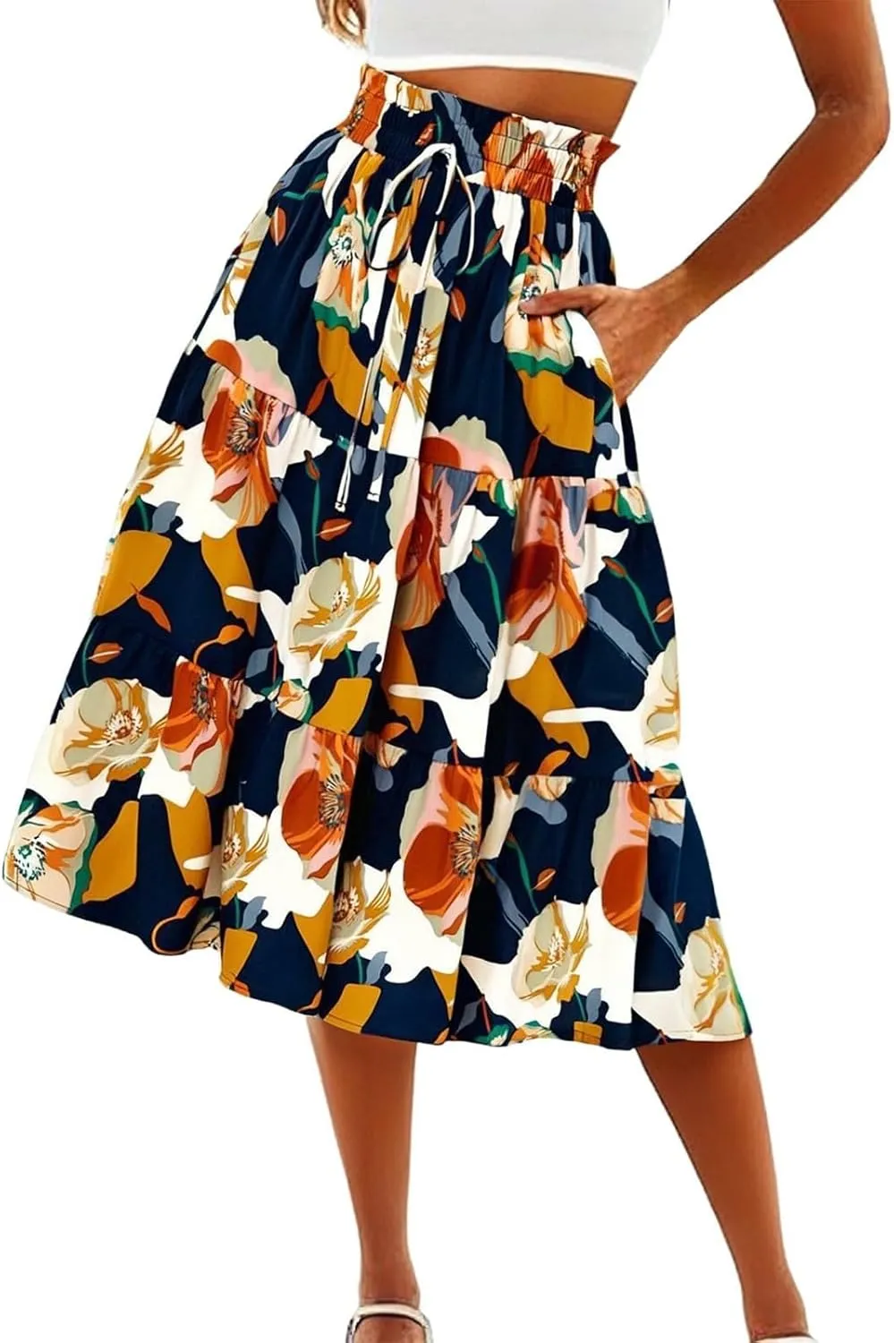 Spring Skirts for Women 2025 Floral Beach Midi Skirt Flowy Tiered Elastic High Waisted Skirts Swing A Line Skirt